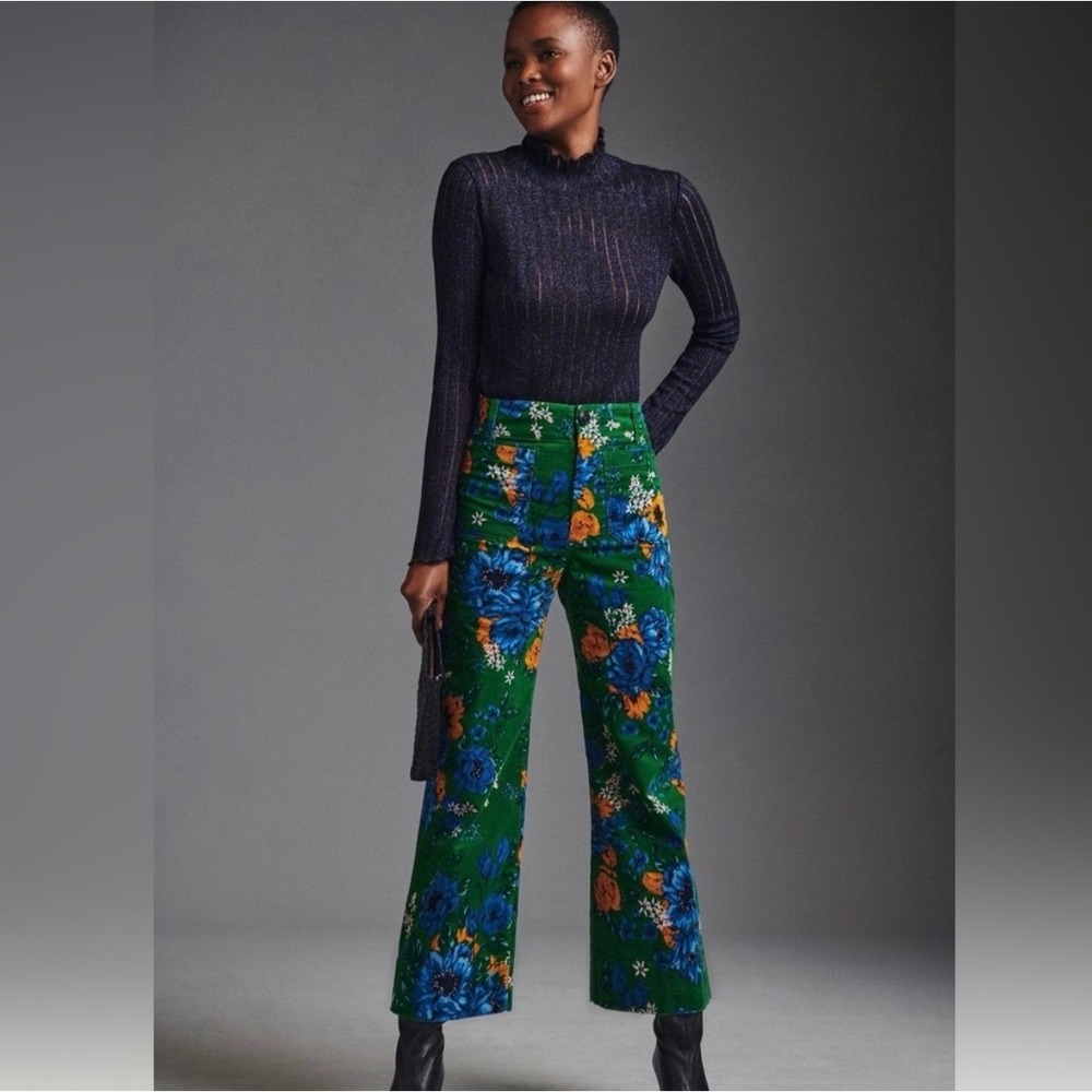 Maeve Anthropologie The Colette Floral Corduroy Wide Leg Pants Green 26T Tall